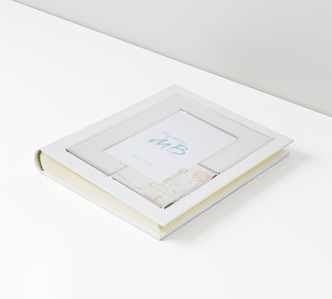 Album Fotografico per il Battesimo Personalizzabile con Incisione del nome, della data o di una dedica, Realizzato in Ecopelle Bianca con Cornice in Argento PVD Lucido e Satinato
