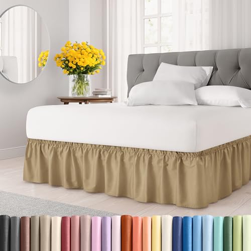 Wrap Around Dust Ruffle Bed Skirt–Beige Bed Skirt for Full Size Beds with 15 in Drop–Easy Fit Elastic Strap Pleated Bedskirt with Brushed Fabric Machine Wash Wrinkle Free by CGK Linens