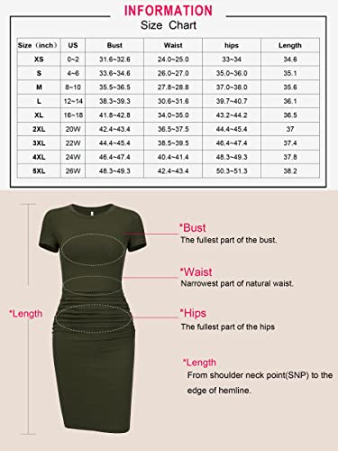 Laughido Women's Ruched Casual Plain Sundress Short Sleeve Knee Length Sheath Bodycon T Shirt Dress Army Green #TOP4
