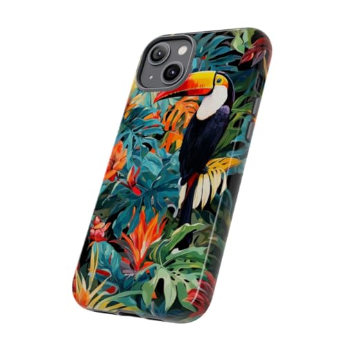Coque iPhone 14 Plus vert toucan tropical rigide et brillante protégeant le smartphone