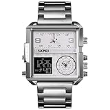 SKMEI メンズ デジタル スポーツウォッチ LED スクエア ラージ フェイス アナログ クォーツ 腕時計 マルチタイムゾーン 防水 ストップウォッチ シルバー Sサイズ 41mm, シルバー - Sサイズ 41mm