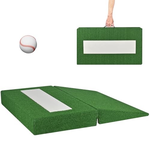Pitching Mound, Portable Pitchers Mound 34'' x 30'' x 4'' with Pitching Rubber, Anti-Fade Turf and Carry Handles, Foldable Wooden Pitchers Mound for Baseball Softball Pitching Training