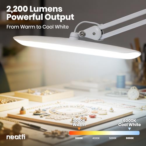Image of Neatfi XL 2200 Lumens 20W LED Desk Lamp with Clamp - Adjustable Color Temperature | 4-Level Dimmable Light | Home Office, Crafts & Workbench | 20-Inch Wide Head (White, CCT with Base)