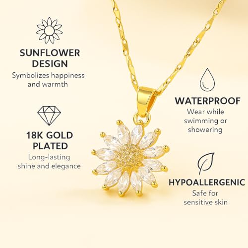 Ora & Eve Sunflower Necklace for Women – 18K Gold Plated Crystal Flower Pendant, Dainty Waterproof & Tarnish-Free Nature-Inspired Jewelry Gift3