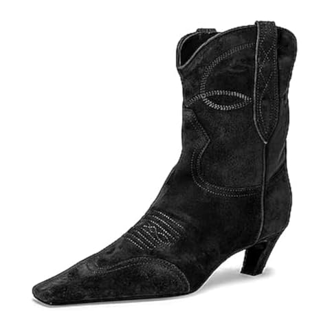 FSJ Women Square Toe Comfort Kitten Low Heel Ankle Boot Pull On Bootie Winter Cowgirl Cowboy Dress Shoes Size 7 Vintage black Cover