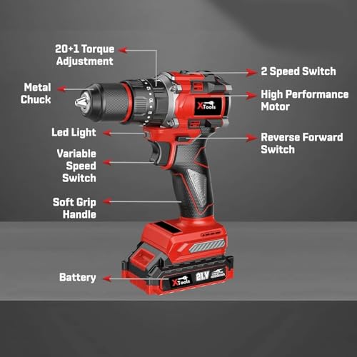 Image of XTOOLS 21V Cordless Impact Drill | 2-Speed Brushless Motor | 10mm Metal Chuck, LED Light | Heavy-Duty for Wood, Brick & Metal | Includes 2 Batteries & Charger