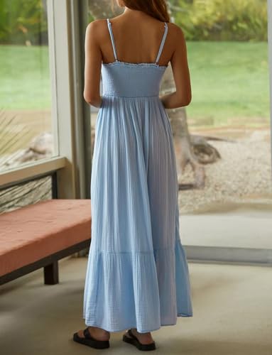 Image of R.Vivimos Womens Summer Boho Cotton Maxi Dress Adjustable Spaghetti Strap Elastic Smocked Casual Ruffle Hem Flowy Beach Dress