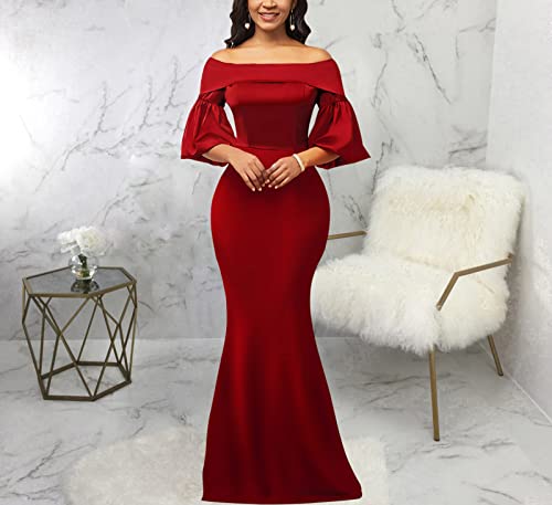 Red Elegant Off Shoulder Formal Cocktail Maxi Dresses For Women Casual Lantern Sleeve Evening Gown Long Wedding Mermaid Party Prom Dress #TOP7