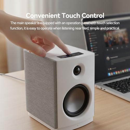 Image of HiVi-Swans OS-10 HiFi Stereo Speakers, Bluetooth 5.0 Active Computer Bookshelf Speakers - 4'' Dynamic Woofer, Powered Desk Speakers 62w RMS with Touch Control for PC /Phone /TV - White