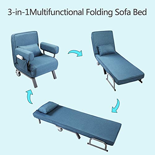 Jaxsunny Sofa Bed Folding Arm Chair Convertible Sleeper Chair, Leisure Recliner Lounge Couch 6 Positions Adjustable Backrest For Home Office,Light Blue #TOP3