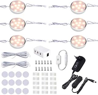 LABOREDUCER Under Cabinet Lights with Touch Dimmer, 6 Pack LED Wired Puck Lights Mains Powered, Kitchen Counter Lighting Fixture, 12V Cupboard Lights, for Curio Bookcase Shelf Closet(2700K Warm White)