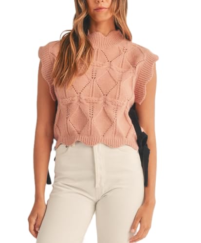 Image of Women Side Tie Sweater Vest Scallop Trim Mock Neck Knit Vest Bow Lace Up Ribbon Sweater Tank Top Knitwear