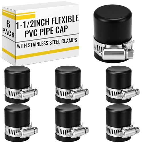 Image of 6 Pack 1-1 /2 Inch Flexible PVC Pipe Cap with Stainless Steel Clamps - Black Durable End Caps for Drainage, Wastewater & Vent Pipes, Above /below Ground Use