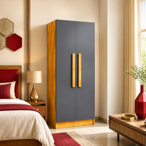 Image of Bniture 2 Door Wardrobe for Bedroom | Almirah for Clothes with 4 Shelves | Spacious Storage Cupboard for Bedroom | Wooden Wardrobe (46D x 80W x 182H CM) | 3 Years Warranty | Giant Wood & Slate Grey