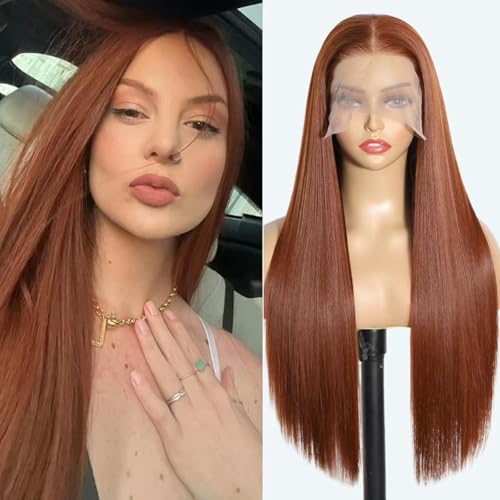 Ginger Long Straight Synthetic Lace Front Wig Orange 13x6 HD Lace Wigs for Women 26 Inch Pre Plucked Heat Resistant Fiber Hair Wig for Daily Party Date