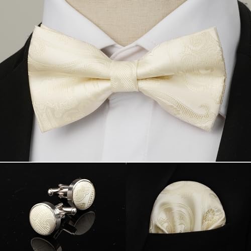 Image of HISDERN Bow Ties for Men Pre-Tied Bow Tie Floral Paisley Handkerchief Classic Formal Bowtie and Pocket Square Cufflinks Set