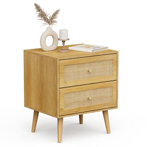 VonHaus Bedside Table for Bedroom - Scandi Style Natural Rattan 2 Drawer Nightstand with Metal Handle and Tapered Legs - Boho Look Side Table for Living Room, Cane Bedside Cabinet for Bedroom Storage
