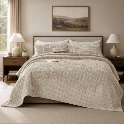 COCOPLOCEUS Quilt Set California King Size 106x118 Luxurious Velvet Bedding Sets with 2 Pillow Shams 20x36 3 Pieces Ultra Soft Quilted Bedspread Coverlet Comforter for All Season,Beige