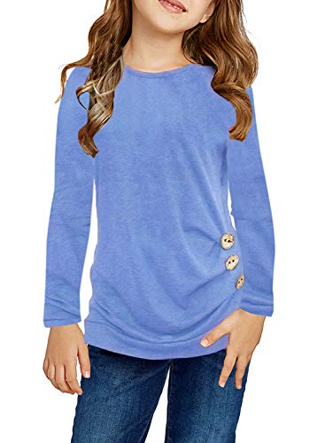 Girls Casual Long Sleeve Color Block Pullover Top Stripe Button Crewneck Loose Tunic T-Shirts Blouse Size 4-13 Year