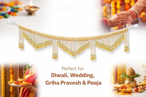 Image of Premium Pearl Beads Toran for Door | Golden Multi-Layer Bandarwal | 3 Feet Length | Traditional Door Hanging Decoration for Diwali, Wedding, Pooja & Housewarming