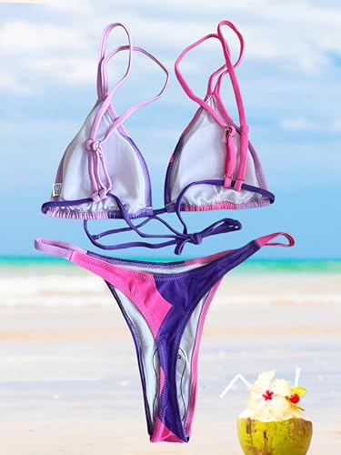 Image of Women's Sexy Thong Bottom Two Piece Bikini Double Shoulder Straps Cute Swimsuit Triangle Bathing Suit