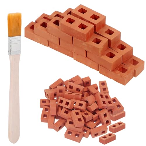 HAMKU 100 Stück Mini Ziegelsteine zum Mauern Kinder Miniatur Bricks Modellbau Steine Ziegel Rote für DIY Puppenhaus Fairy Garten Dekoration mit Zementpinsel
