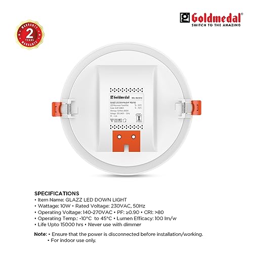 Image of Goldmedal Glazz 10W Round Ceiling Light | Recessed LED Downlight for False Ceiling |Cut Out :6.02 Inch | for Home,Hall,Room,Kitchen,Office,Shop |Cool Daylight (6500K), Pack of 20