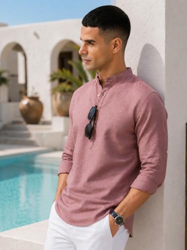 Image of Majestic Man Men's Pure Cotton Solid Mandarin Collar Slim Fit Roll-Up Sleeves Short Kurta Lightweight Summer Kurta for Daily & Occasion Use