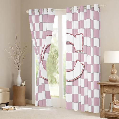 Image of Erosebridal Pink Initial C Window Curtains 42 inch Wx63 L Kawaii Plaid Checkered Blackout Curtains for Kids Girls Bedroom,Cute Personalized Monogram Window Treatments Grids Gingham Drapes Decor 2 Panels
