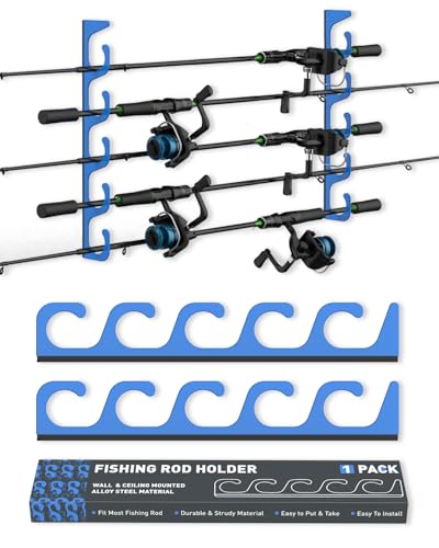 Fishing Rod Pole Holders - 5 Fishing Rod Pole Holder Storage for Wall & Garage Ceiling Mount, Great Fishing Rod Rack Fits Most Fishing Rods Blue-1Pack