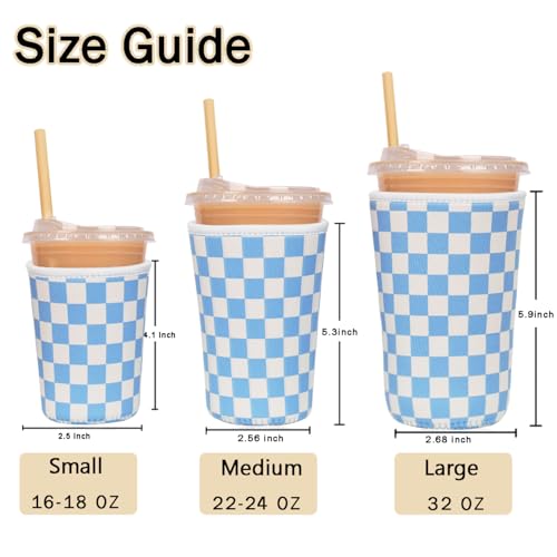 Image of Reusable Insulated Sleeve for Iced Coffee Cup, Coffee Neoprene Sleeve for Cold & Hot Drinks, Beverage Holder for Iced Coffee (Blue Grid, Small: 16-18oz)