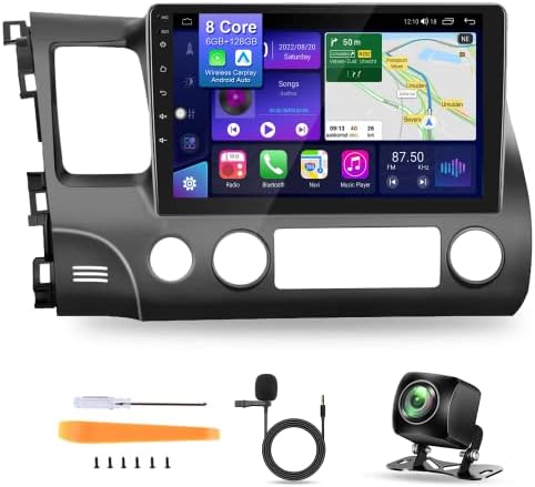 6+128G Car Stereo for Honda Civic 2006-2011 with Wireless Carplay Android Auto, Bluetooth 5.0 Android Car Radio, 10.1-Inch IPS Touchscreen Head Unit with FM/AM DSP GPS WiFi Backup Camera