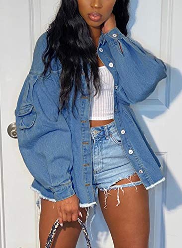 chouyatou Women's Bishop Sleeve Button Down Mid-Length Peplum Denim Jacket Coat3