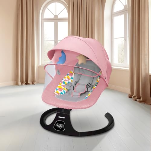 Image of Electric Baby Swing Rocker for Newborns & Infants | Automatic Baby Cradle with Bluetooth Music, Remote Control, Built-in Lullabies, Mosquito Net, Hanging Toys, Soft Cushion-Pink (0-12 Months)