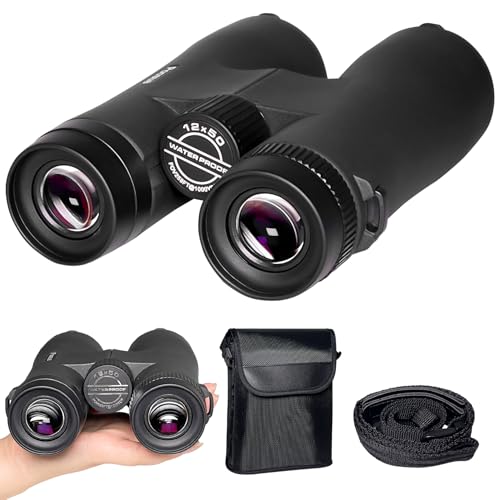 Poosue High Power Binoculars - 12x50 HD for Adults, Large View with Clear Low Light Vision - Lightweight Waterproof Binoculars for Bird Watching, Hunting, Stargazing (Black)