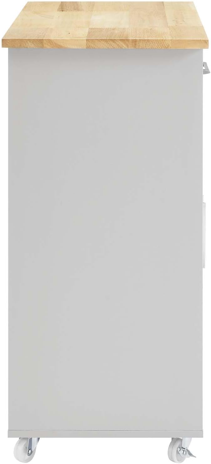 Modway Cuisine Rolling Kitchen Cart with Storage in Light Gray Natural - Portable Island for Kitchen with Spice Rack, Perfect as a Coffee Bar Cabinet, Butcher Block Island or Kitchen Island on Wheels