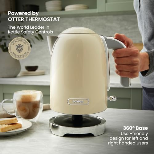 Image of Tower Premium Solace Electric Kettle 1.7L, 1350W | Full Metal Body, Rapid Boil in 45 Seconds, Auto Shut-Off, Boil-Dry Protection, 360 Power Base, Water Level Indicator, 2 Year Warranty (Cream)