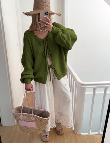 Image of SKIKYAN Women Bowtie Oversized Knit Sweater Cardigan Y2K Long Sleeve V Neck Open Front Casual Knitwears