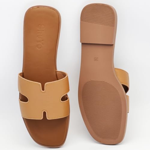 Image of Women's Flat Sandals, Ladies Leather Slippers, Comfy Dressy Slip on Shoes Elegant Slides Summer Fall Spring Cute Open Toe Casual Footwear