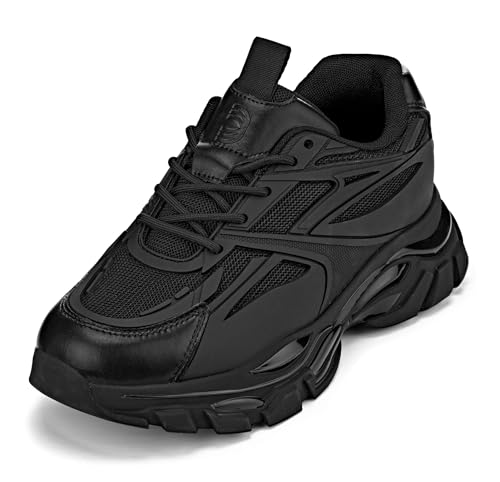 CALTO Men's Invisible Height Increasing Elevator Shoes - Jet Black/Onyx Sole Chunky Sole Lace-up Sporty Sneakers - 2.6 Inches Taller - S5282 - Size 10 D(M) US