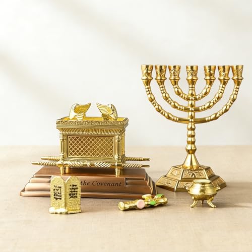 5pcs The Ark of The Covenant Historic Model Replica with Rod of Aaron/Manna/Ten Commandments Jerusalem 7 Branch Menorah Israel Candlestick Candle Holders Religious DecorSmall (Gold)