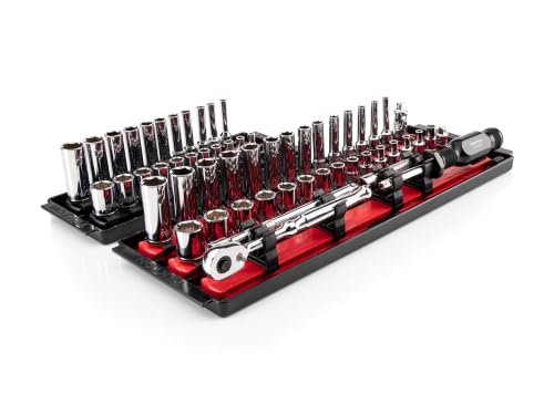 Image of TEKTON 1 /4 Inch Drive 6-Point Socket and Ratchet Set with Rails and Trays, 57-Piece (5 /32-9 /16 in., 4-15 mm) | SKT03301