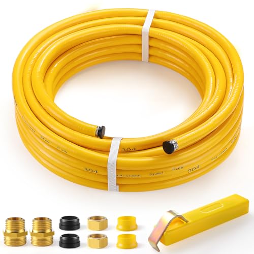 1/2 CSST Gas Line for Natural Gas & Propane | Flexible Corrugated Stainless Steel Gas Tubing with PVC Cover Brass Fittings Included | Gas Pipe for Grills Heaters Stoves Generators (33ft)