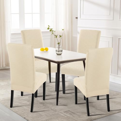 Image of SearchI Jacquard Dining Room Chair Covers Set of 4, Stretch Kitchen Chair Covers Washable Parsons Chair Slipcover Removable Dining Chair Protectors for Hotel,Ceremony(Beige Maze Jacquard)