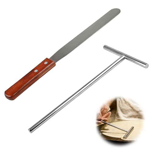 2 Pièces Crêpes Spatule Kit, Acier Inoxydable Spatule à Cet Répartiteur en Bois de Hêtre de 32cm pour Crepe Crepiere Inox en Forme de T Étaleur de Pâte...
