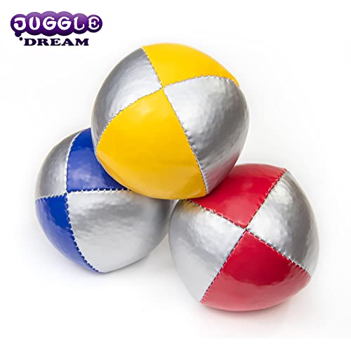Juggle Dream 3X Pro Thud Jonglierbälle - Set mit 3 professionellen Jonglierbällen mit kostenlosem Online-Lernvideo, perfekt für Anfänger und Experten (Silber/Blau, Silber/Rot, Silber/Gelb)
