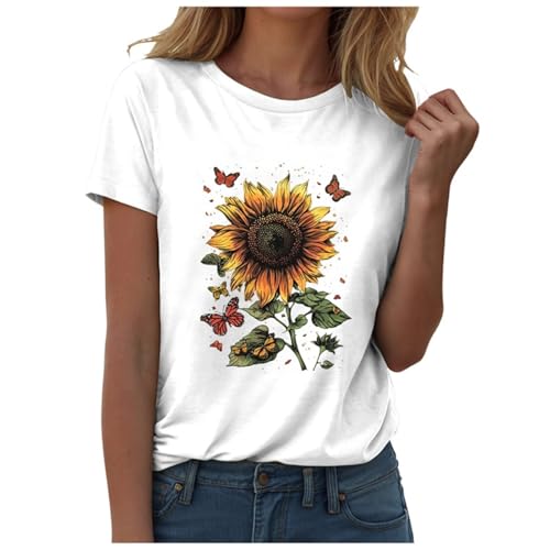 Xbemkste Tshirts Women Sunflower Vintage Flower Graphic Tees Shirts Inspirational Casual Women top (White, XL)