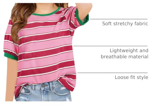 Image of Haloumoning Girls Striped Short Sleeve T Shirts Kids Summer Casual Tops Crewneck Tees Blouses 5-14Y