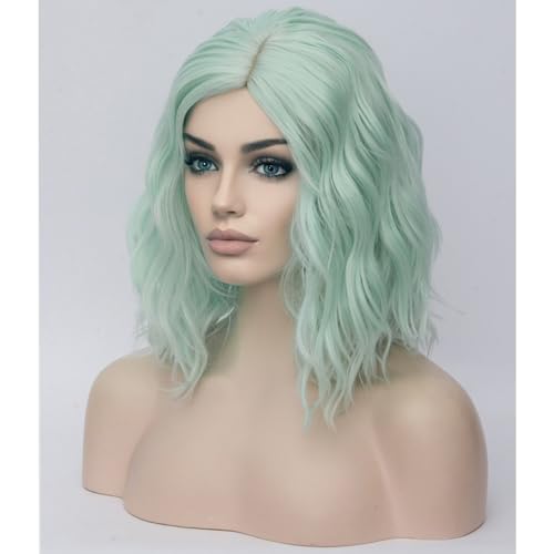 Image of BERON 14 inch Green Wigs for Women Short Curly Bob Wavy Wig Girls Mint Green Colored Body Wave Heat Resistant Synthetic Cosplay Party or Daily Wigs