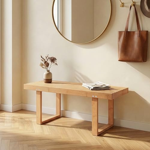 [en.casa] Banc à Chaussures Aarela Design Scandinave à Lattes pour Entrée Chambre Salon Salle de Bain Résistant à l'Humidité Capacité 120 kg Bambou 91 x...